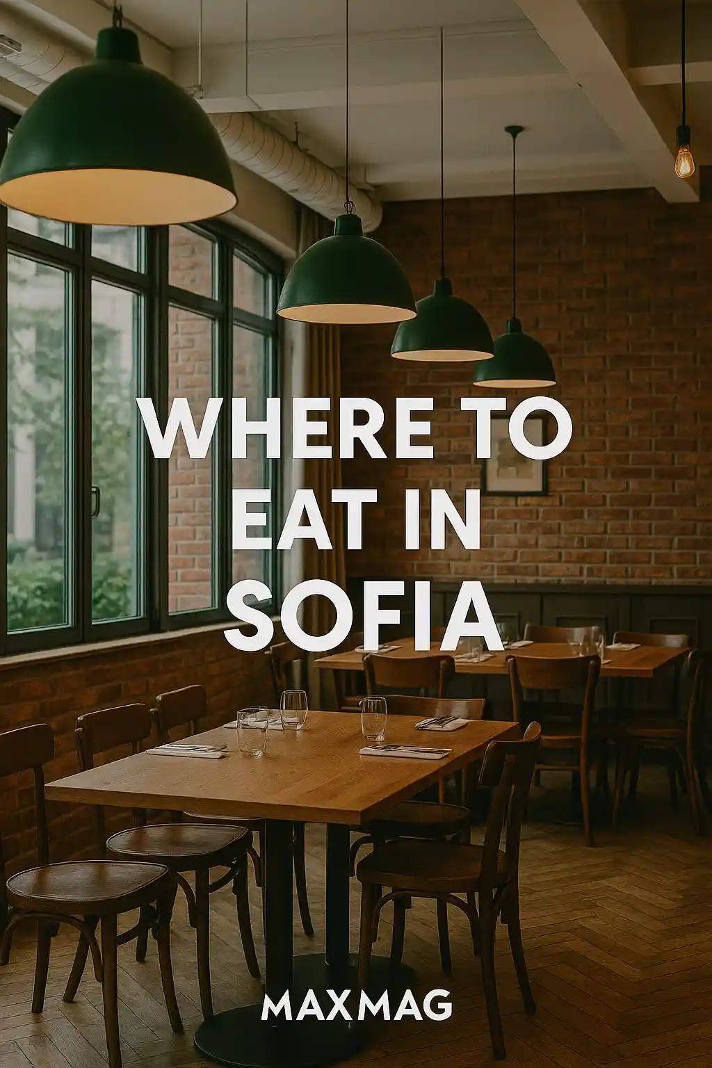 Cozy restaurant interior in Sofia with wooden tables, green pendant lamps, and brick walls, overlaid with the title “Where to Eat in Sofia” and “MAXMAG” at the bottom center.