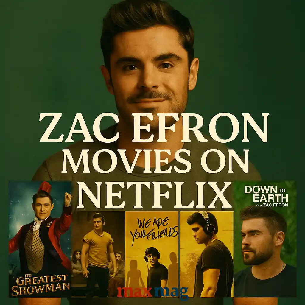 Zac Efron casual portrait with green background and Netflix posters of The Greatest Showman, We Are Your Friends, Extremely Wicked, and Down to Earth with Zac Efron