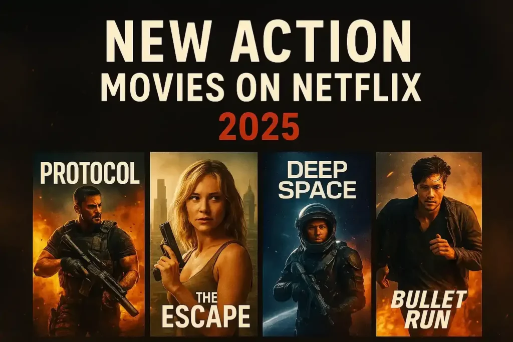 Wide-format promotional poster for Netflix’s “New Action Movies on Netflix 2025,” featuring four posters: Protocol, The Escape, Deep Space, and Bullet Run, set against a smoky red-and-black action background with bold typography.