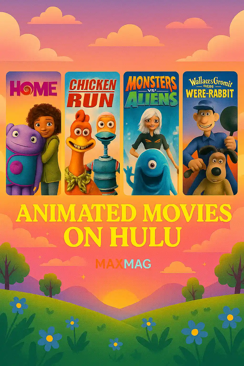 Cheerful thumbnail for “Animated Movies on Hulu” featuring posters of Home, Chicken Run, Monsters vs. Aliens, and Wallace & Gromit: The Curse of the Were-Rabbit. Background is a colorful animated sunset sky with clouds, hills, and flowers, with shiny gold title text and MAXMAG branding.