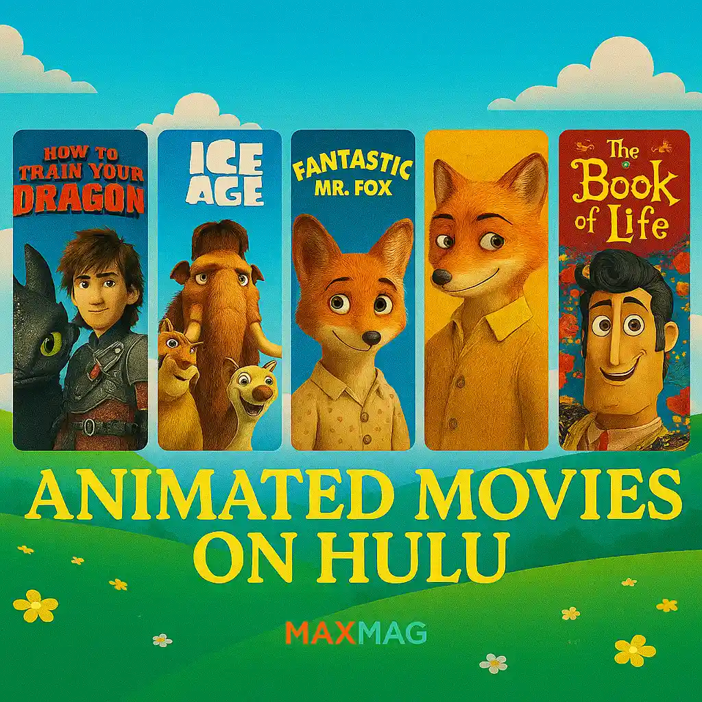 Cheerful thumbnail for “Animated Movies on Hulu” featuring posters of Ice Age, Robots, Justice League: Doom, Superman: Red Son, and Steven Universe: The Movie. Background shows a vibrant animated sunset sky with playful stars, shiny gold title text, and MAXMAG branding.