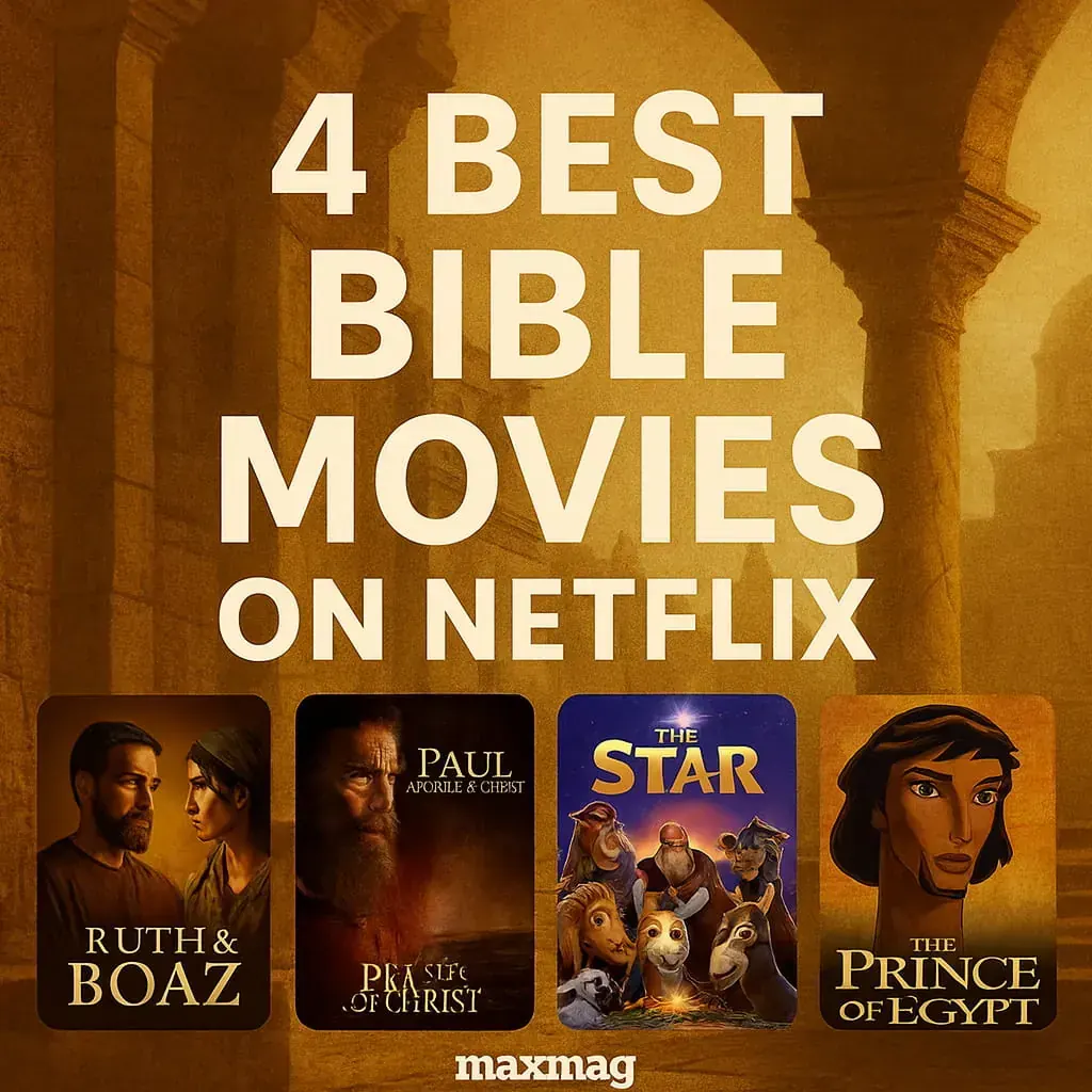 Square thumbnail featuring 4 Best Bible Movies on Netflix with posters of Ruth & Boaz, Paul Apostle of Christ, The Star, and The Prince of Egypt, golden biblical background, Maxmag branding.