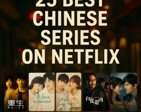 Netflix promo graphic for Best Chinese Series — posters of Love O2O, Find Yourself, My Sunshine, Put Your Head on My Shoulder, and The Rational Life with glowing lanterns backdrop.
