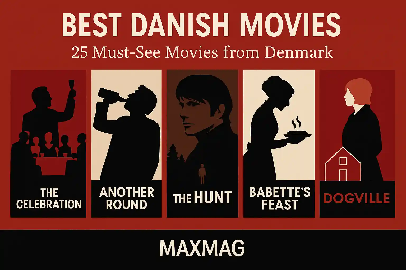 “Best Danish Movies” collage thumbnail with five stylized poster panels: The Celebration, Another Round, The Hunt, Babette’s Feast, and Dogville; bold title and subhead; Maxmag logo centered at the bottom; red/white/black palette.