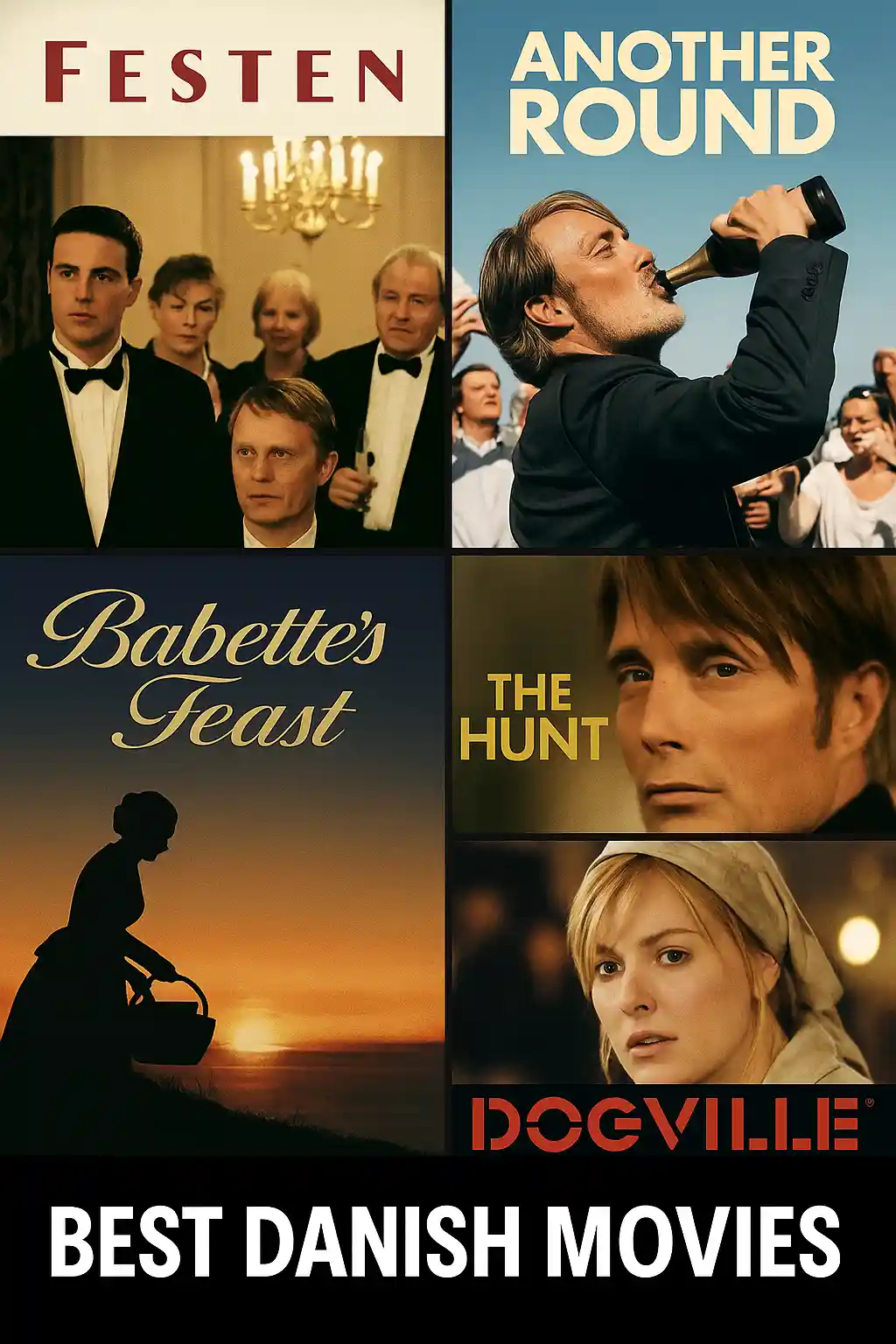 Collage of five official Danish movie posters — Festen, Another Round, The Hunt, Babette’s Feast, and Dogville — arranged in a grid, with bold “Best Danish Movies” title at the bottom; Maxmag branding style.