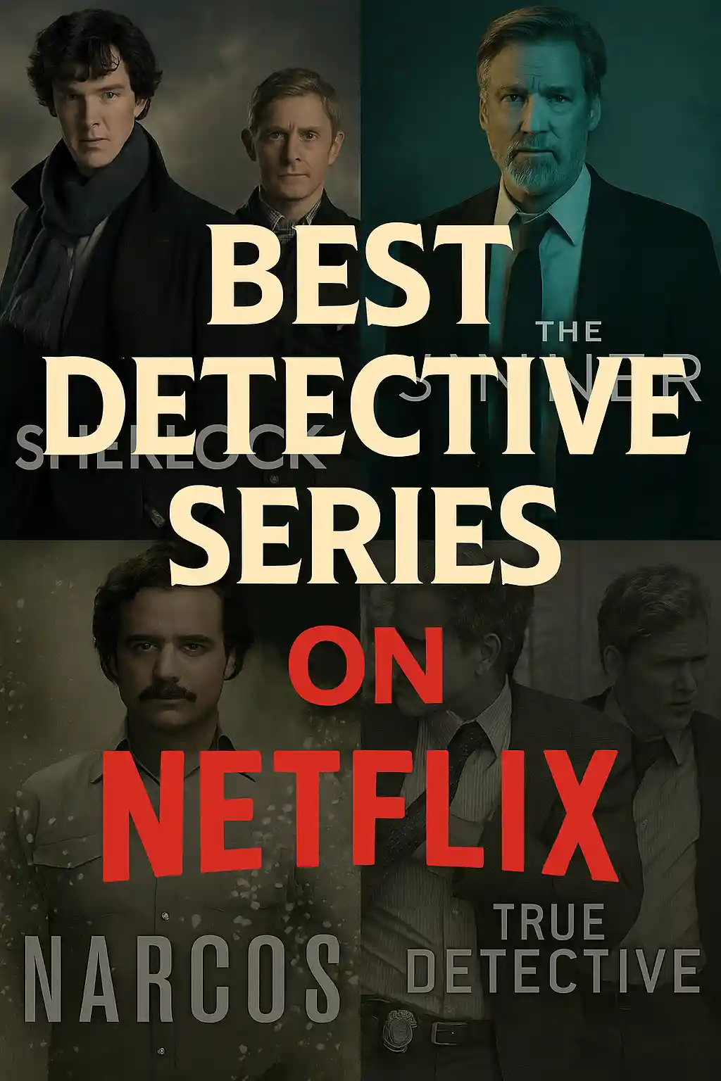 Collage thumbnail featuring posters from Sherlock, The Sinner, Narcos, and True Detective with bold cream text 'Best Detective Series' and red 'On Netflix'