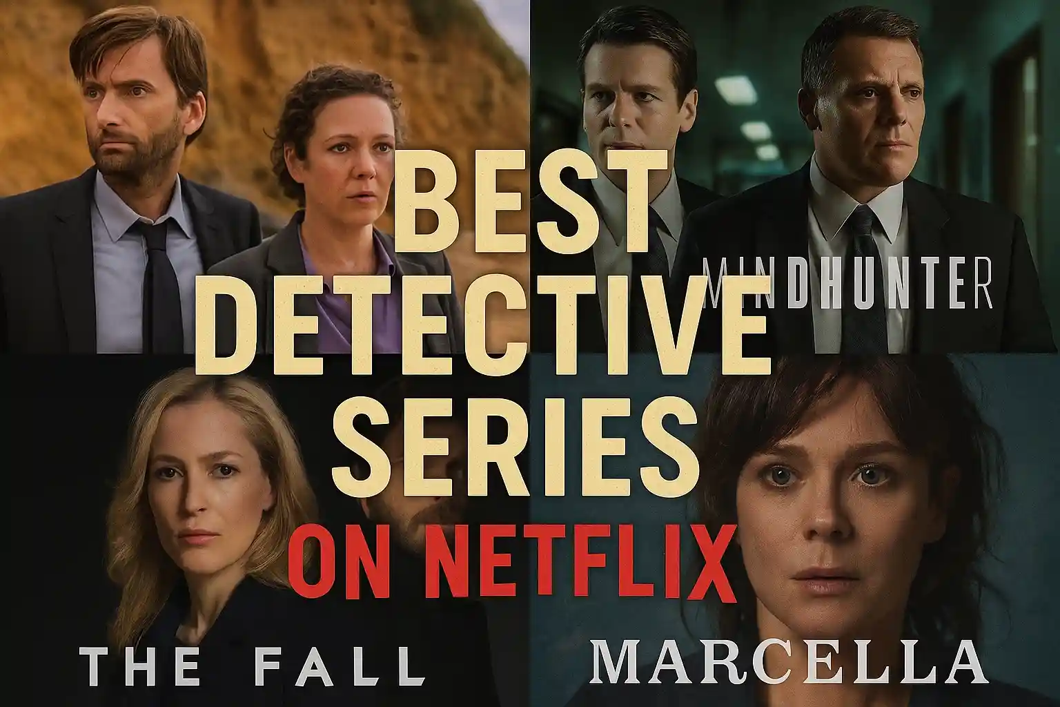 Collage thumbnail with posters from Broadchurch, Mindhunter, The Fall, and Marcella, featuring bold cream text 'Best Detective Series' and red 'On Netflix