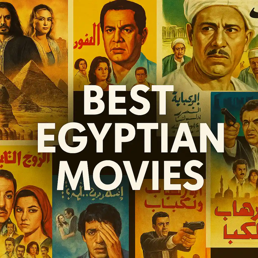 A thumbnail collage featuring six classic Egyptian movie posters, arranged around the bold central title "Best Egyptian Movies" in white.