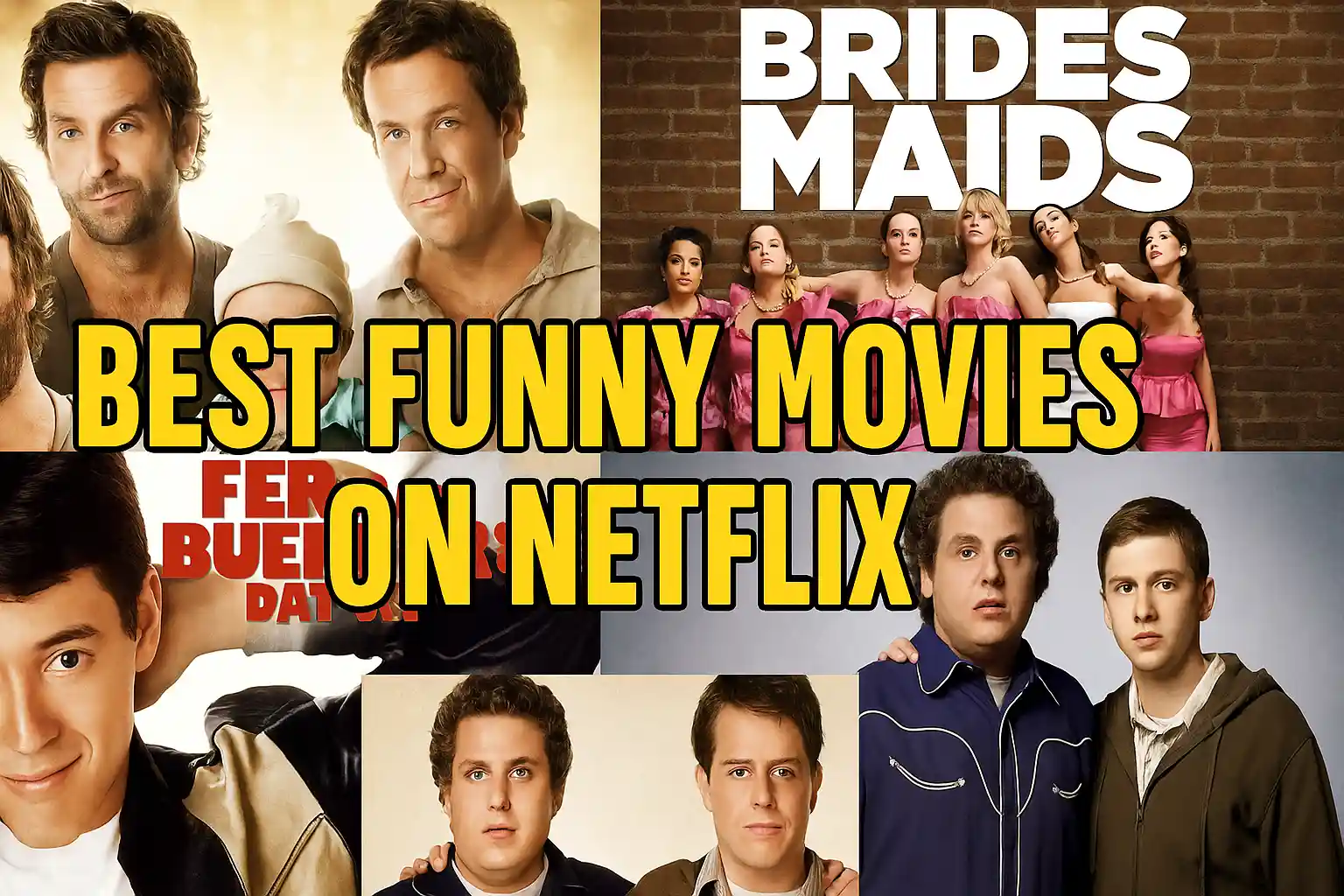 Collage thumbnail with five posters from comedies (The Hangover, Bridesmaids, Ferris Bueller’s Day Off, Step Brothers, Superbad) with bold yellow text “Best Funny Movies on Netflix.”