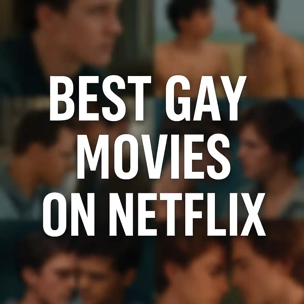 Thumbnail for article "Best Gay Movies on Netflix" featuring blurred movie stills in the background, bold white title text in the center.