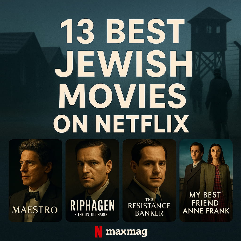 Cinematic thumbnail for “13 Best Jewish Movies on Netflix” with a foggy background of barracks and a watchtower. Four featured posters: Maestro, Riphagen – The Untouchable, The Resistance Banker, and My Best Friend Anne Frank. Netflix logo in red and Maxmag logo in white centered at the footer.