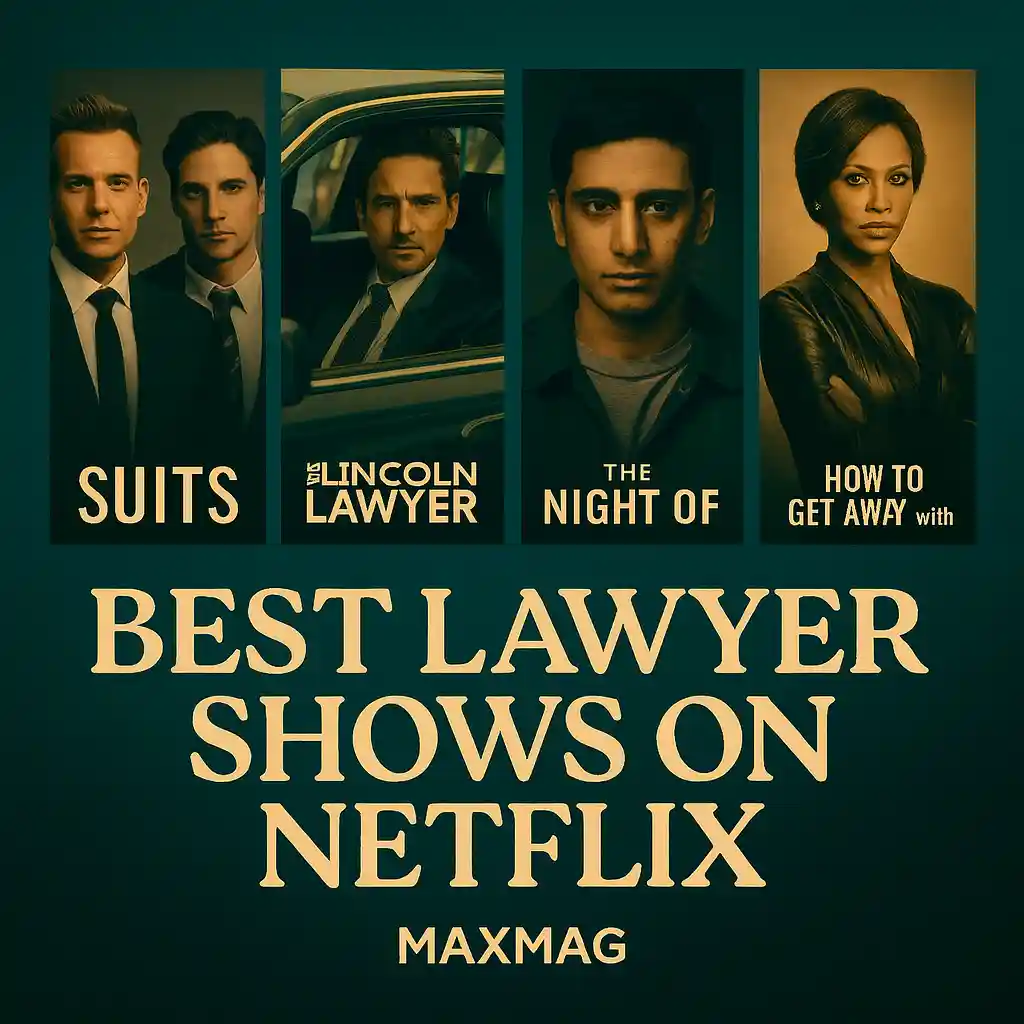 “Square promotional collage of best lawyer shows on Netflix including Suits, The Lincoln Lawyer, The Night Of, and How to Get Away with Murder, set against a teal backdrop.”