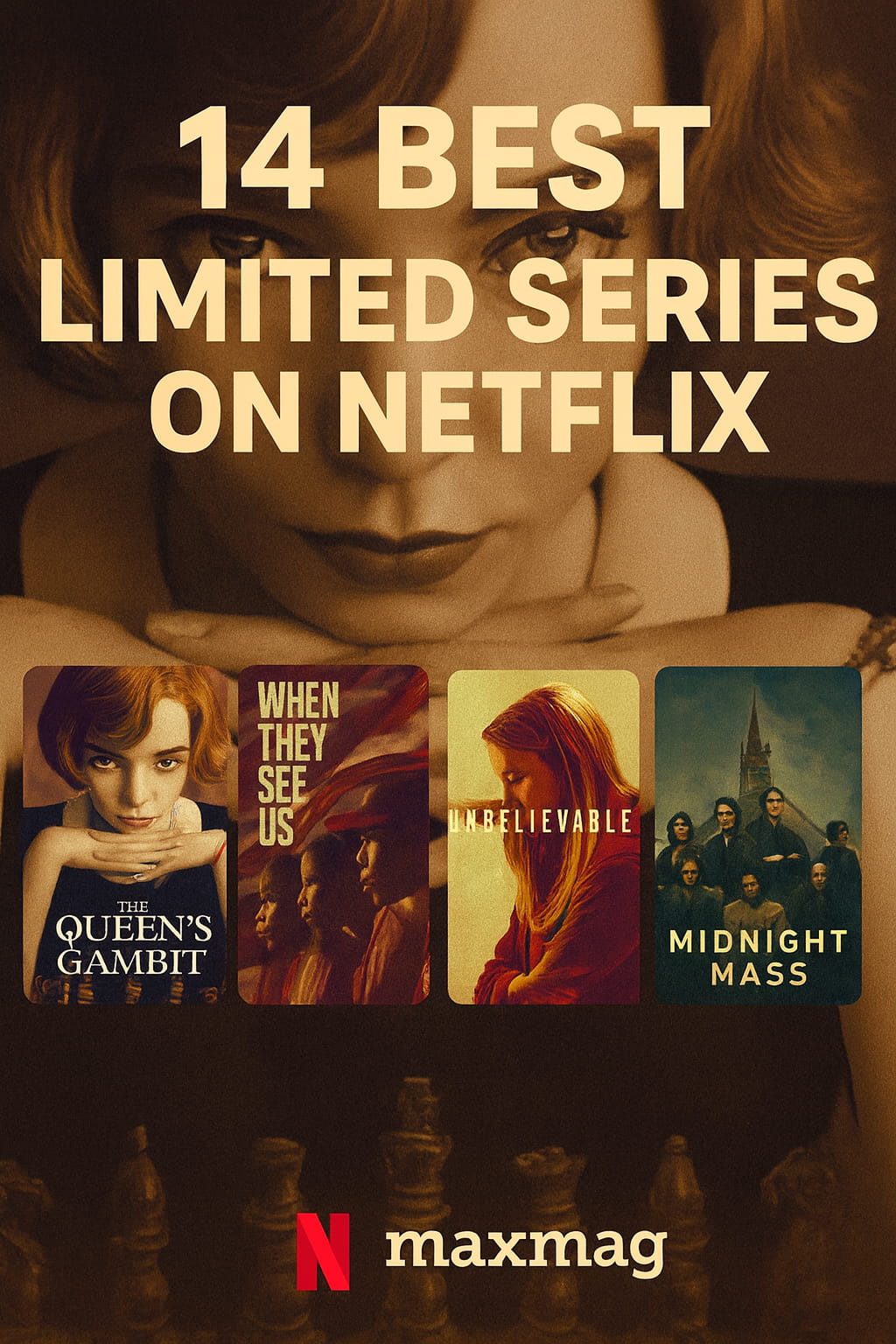"Thumbnail design for Maxmag featuring 14 Best Limited Series on Netflix with posters of The Queen’s Gambit, When They See Us, Unbelievable, and Midnight Mass on a sepia-toned background."