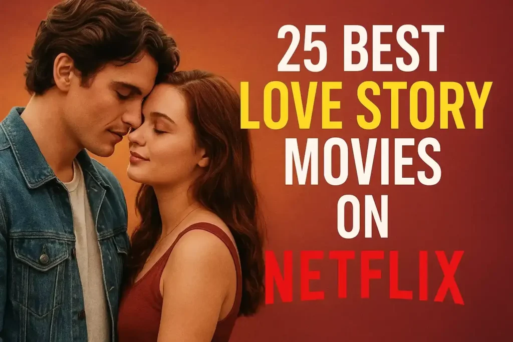 Thumbnail for article "25 Best Love Story Movies on Netflix" featuring a romantic couple in close embrace on the left, with bold text on the right.