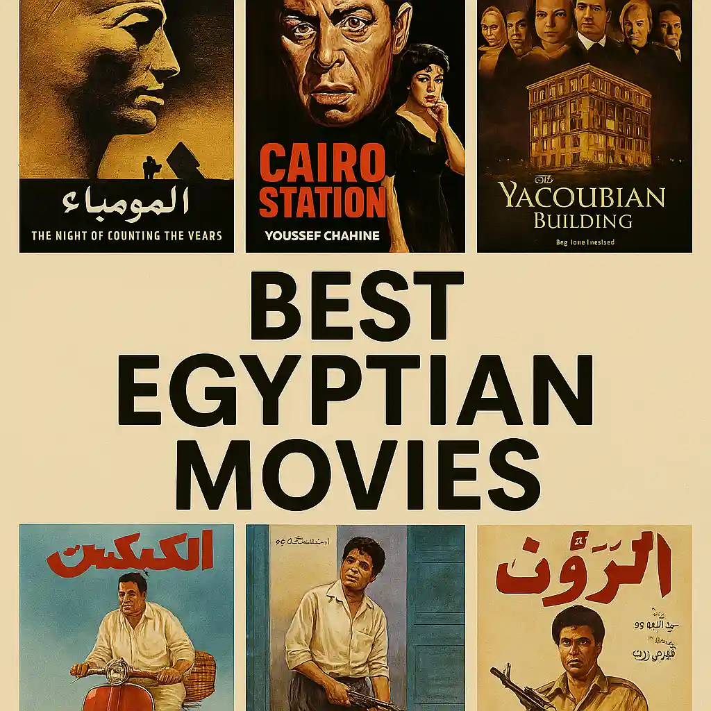 A thumbnail featuring five iconic Egyptian movie posters (The Night of Counting the Years, Cairo Station, The Yacoubian Building, Kit Kat, and The Innocent) arranged around the bold central title "Best Egyptian Movies."