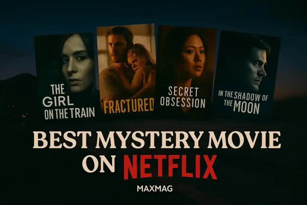 A digital collage of four designs for “Best Mystery Movies on Netflix,” each with MAXMAG branding. Backgrounds include blurred faces, a magnifying glass with a fingerprint, a corkboard with red string, and a neon-style black canvas.