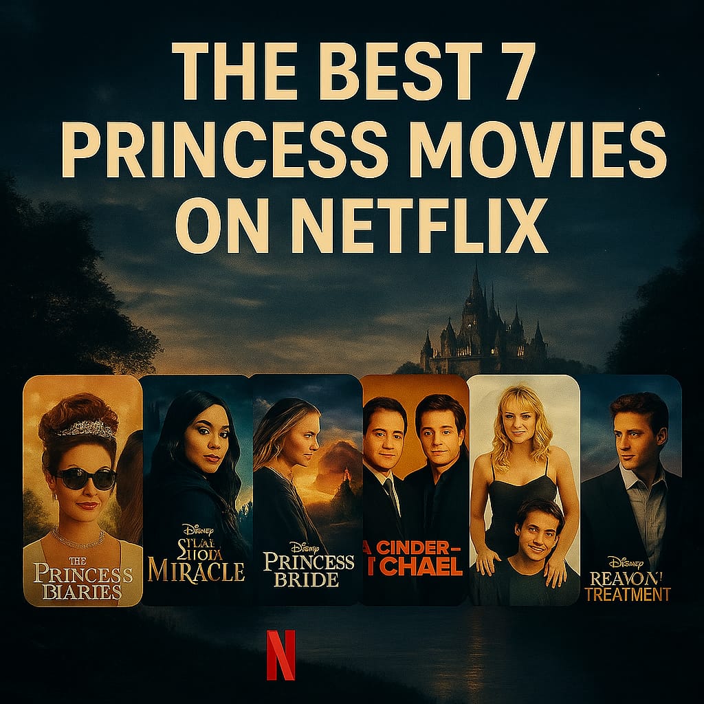 Cinematic thumbnail for The Best 7 Princess Movies on Netflix with posters of The Princess Diaries, The Princess Bride, A Cinderella Story, Lila and Eve Miracle, and The Royal Treatment, set against a twilight castle scene.