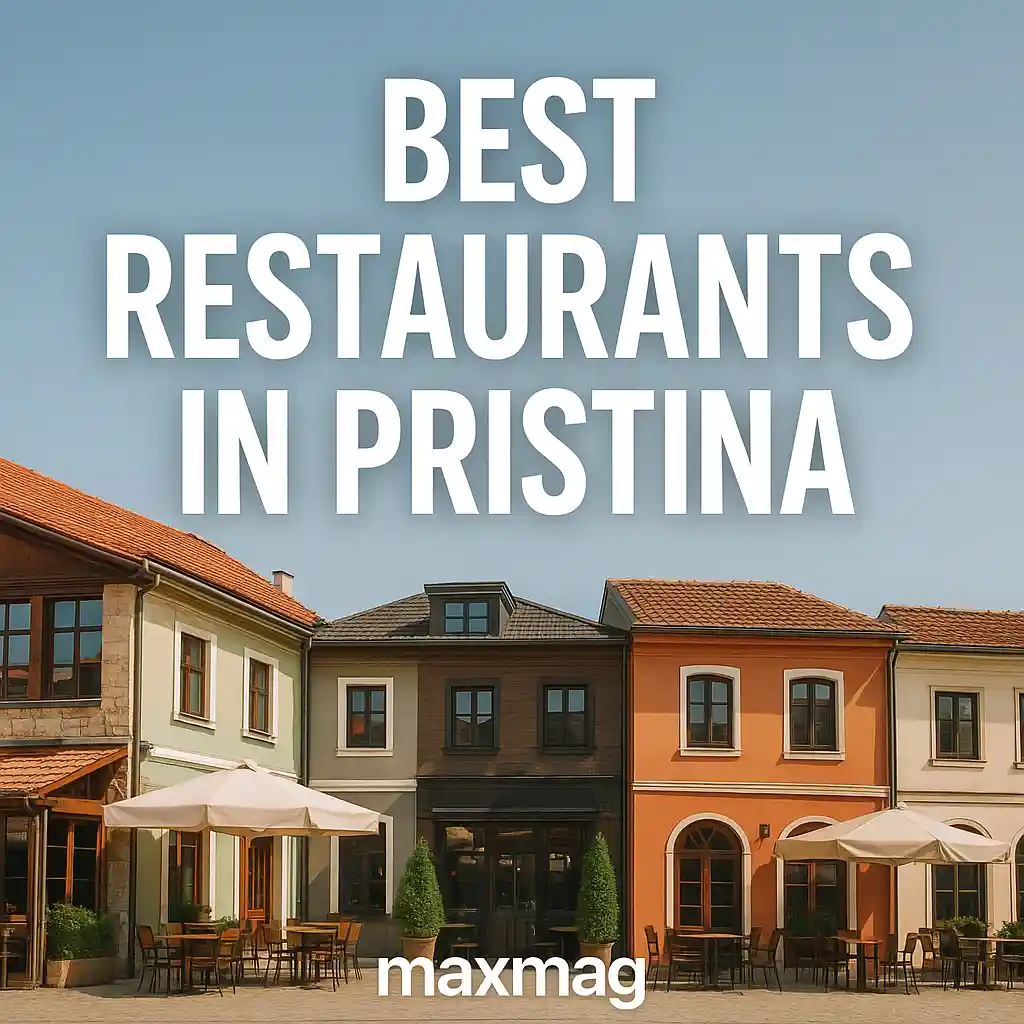 A colorful row of restaurants in Pristina with outdoor seating and umbrellas, captioned with “Best Restaurants in Pristina” and Maxmag branding.