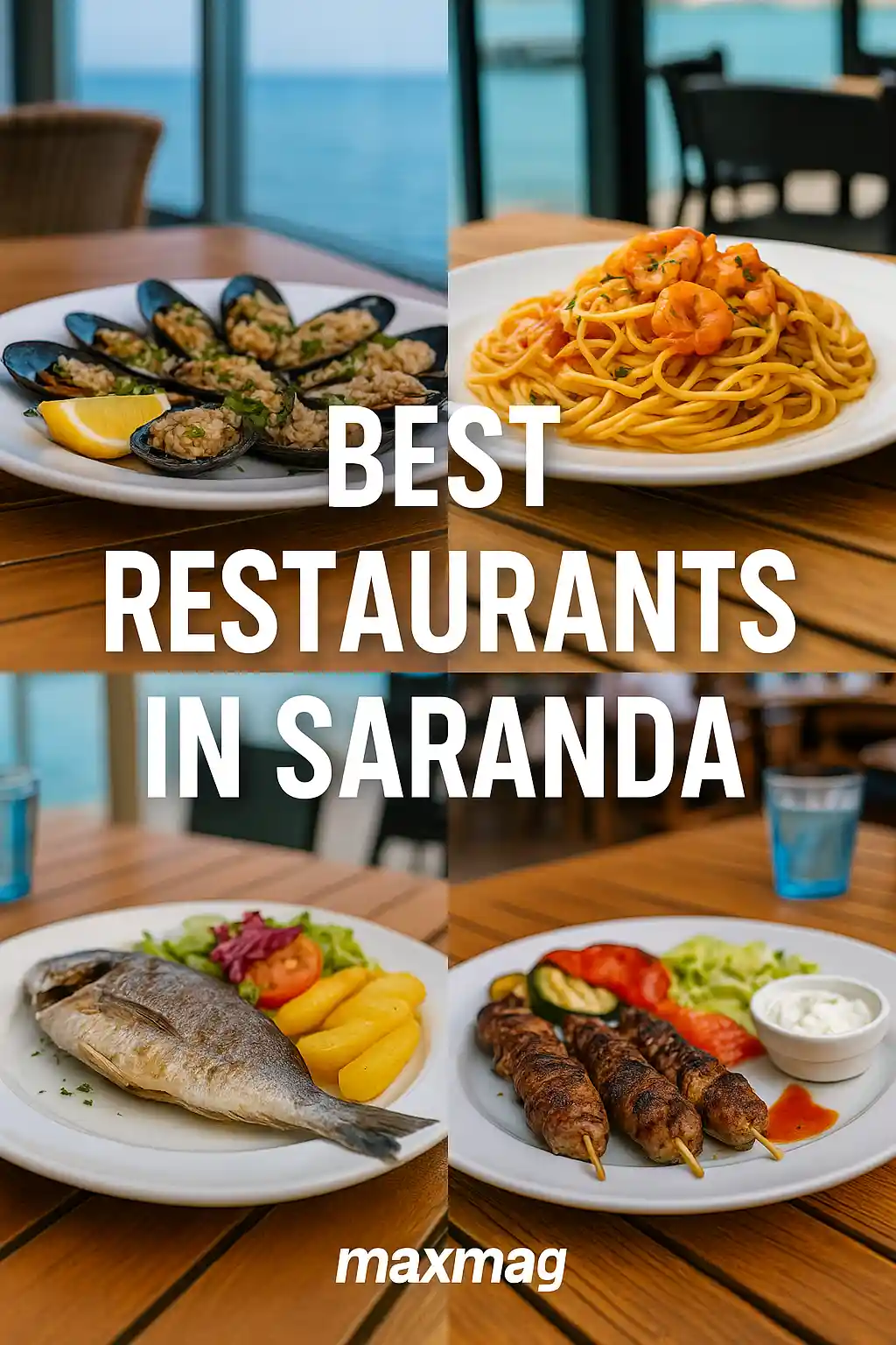 Thumbnail for “Best Restaurants in Saranda” featuring a collage of dishes — stuffed mussels, shrimp pasta, grilled fish, and skewers — with bold white title text and MaxMag logo at the bottom.