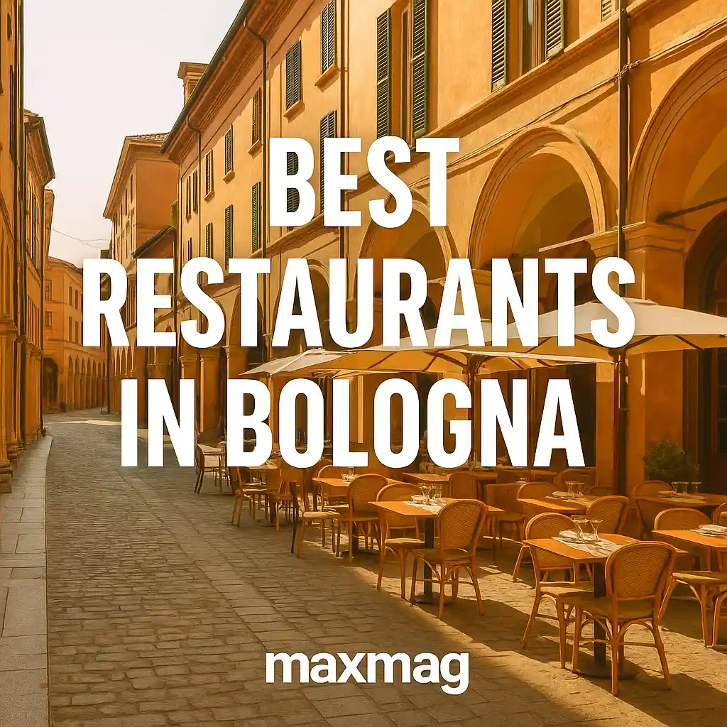 Outdoor restaurant terraces in Bologna under morning sunlight with elegant umbrellas and cobblestone streets, overlaid with the title “Best Restaurants in Bologna” and Maxmag branding.