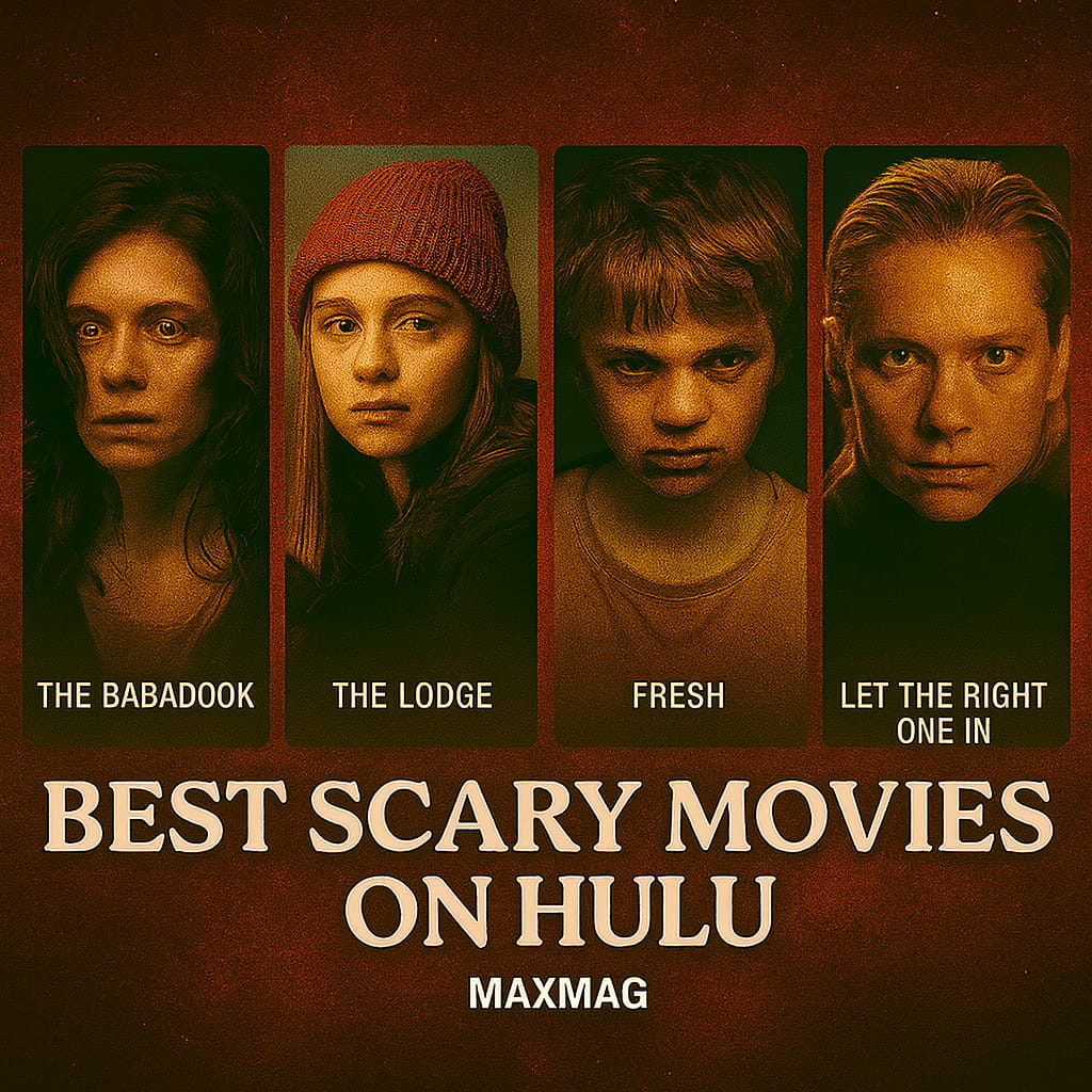Horror collage showcasing The Clovehitch Killer, Lights Out, Midsommar, The Night House, and The Thing under the title Best Scary Movies on Hulu.