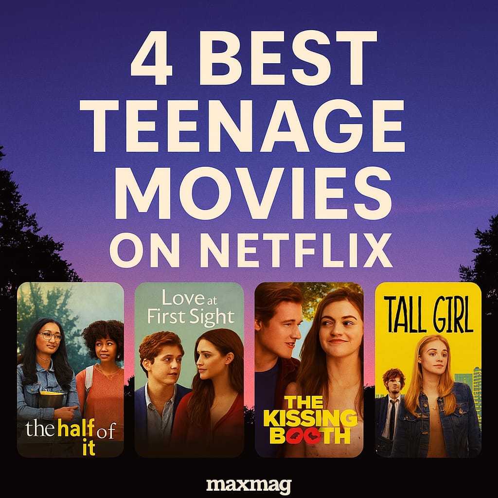 Square thumbnail titled 4 Best Teenage Movies on Netflix, featuring posters of The Half of It, Love at First Sight, The Kissing Booth, and Tall Girl, with a purple twilight background.