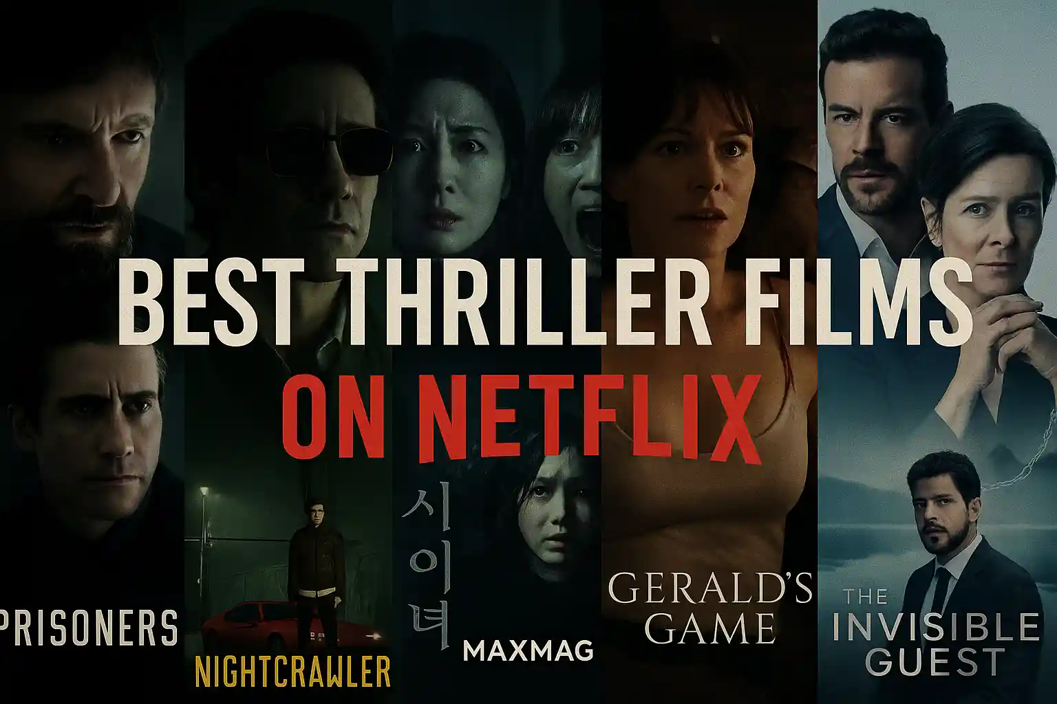 Wide promotional thumbnail for "Best Thriller Films on Netflix" featuring five movie posters—Prisoners, Nightcrawler, The Call, Gerald’s Game, and The Invisible Guest. Bold white and red text overlays the posters, with the Maxmag logo centered below.