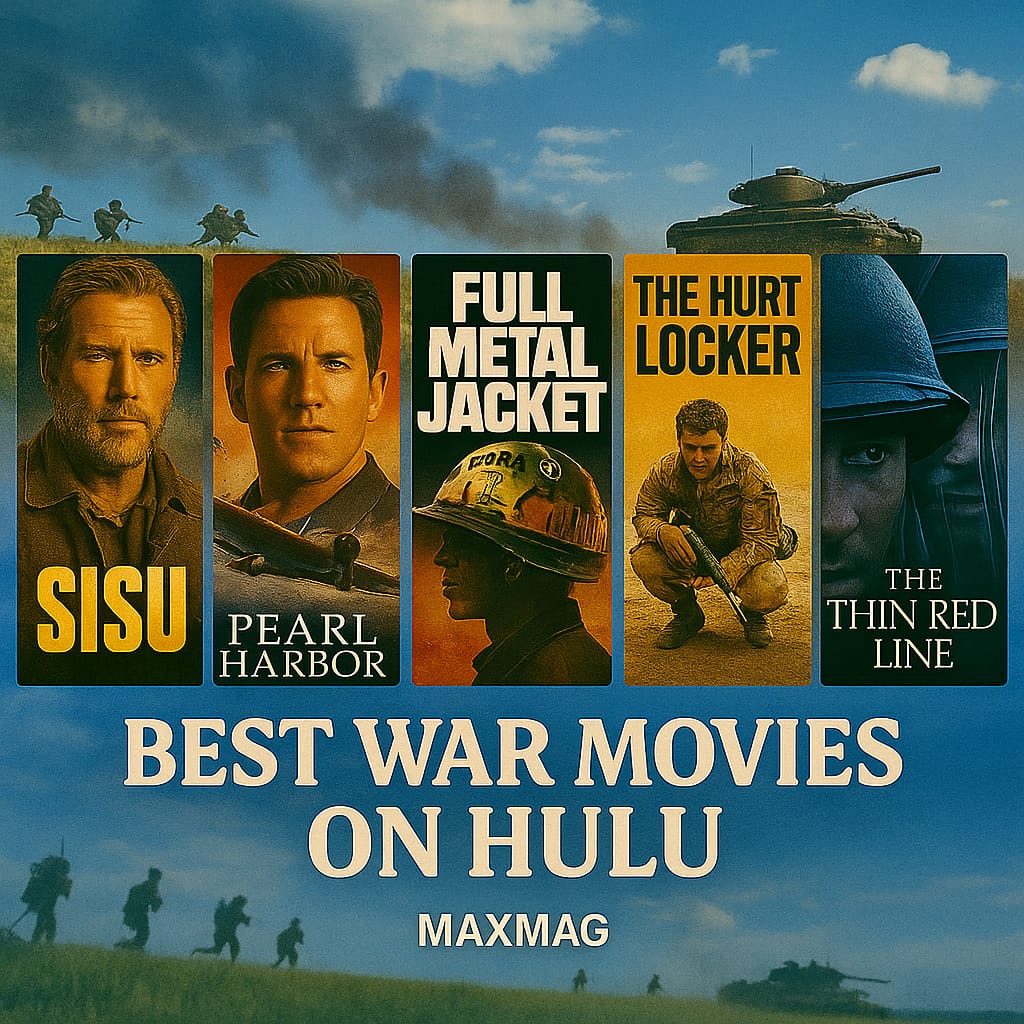 Cinematic thumbnail for Best War Movies on Hulu featuring posters of Sisu, Pearl Harbor, Full Metal Jacket, The Hurt Locker, and The Thin Red Line against a battlefield background with tanks and soldiers.