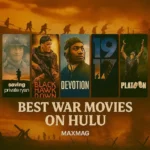 Cinematic thumbnail for Best War Movies on Hulu featuring posters of Saving Private Ryan, Black Hawk Down, Devotion, 1917, and Platoon against a dramatic battlefield background with soldiers and barbed wire.