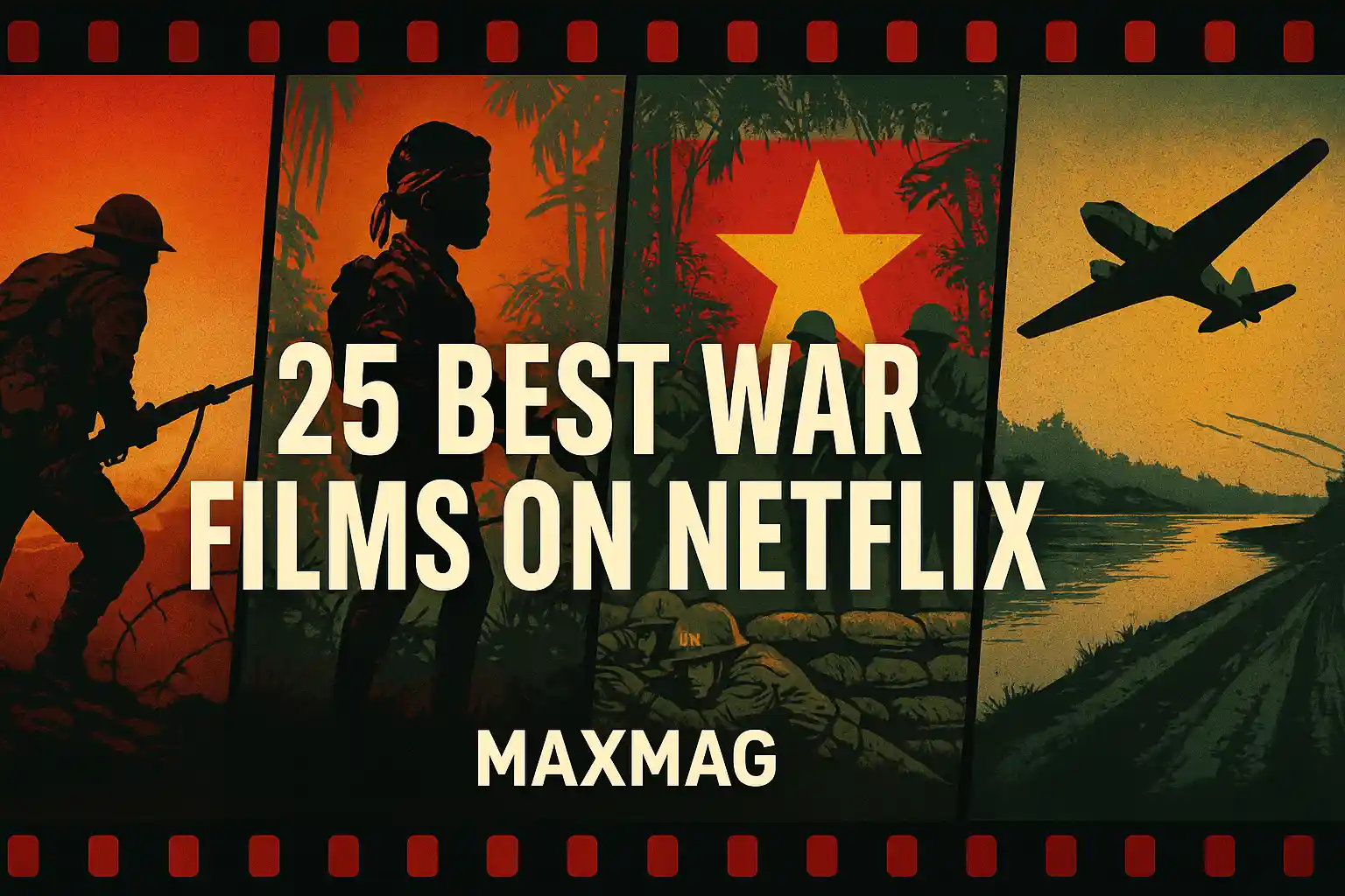 Horizontal collage thumbnail for “25 Best War Films on Netflix” featuring five illustrated panels (WWI trench, child soldier in jungle, Vietnam star with UN sandbags, cargo glider over river, and modern patrol), bold title centered, film-strip border, and MAXMAG logo at bottom center.