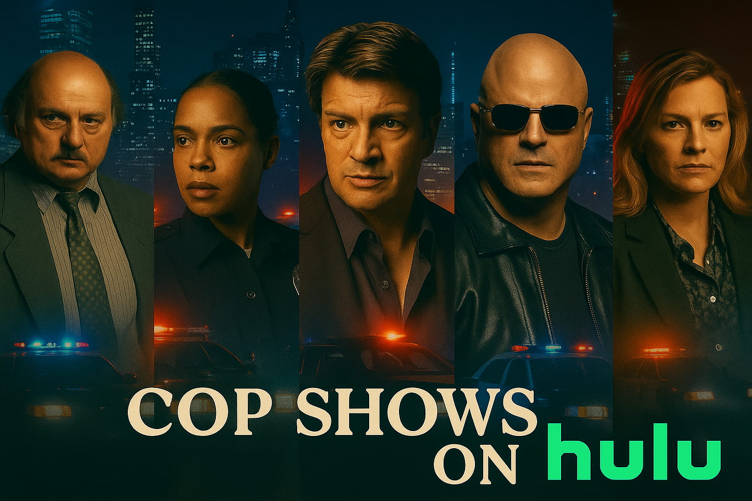 Cinematic promotional collage for “Cop Shows on Hulu” featuring five characters from popular police dramas, framed in vertical panels with a nighttime city skyline and flashing police lights in the background.