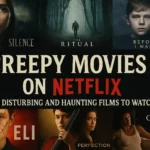 Collage of six creepy Netflix movie posters (The Silence, The Ritual, Before I Wake, Eli, The Perfection, Gerald’s Game) with bold title text "Creepy Movies on Netflix."
