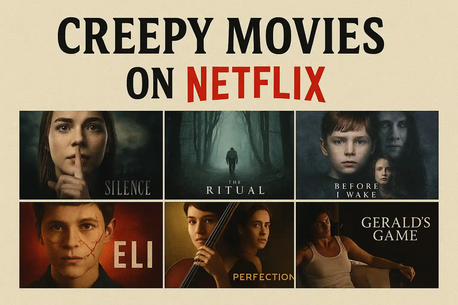 Wide beige graphic with six horror posters in two rows (The Silence, The Ritual, Before I Wake, Eli, The Perfection, Gerald’s Game) and large bold text "Creepy Movies on Netflix."