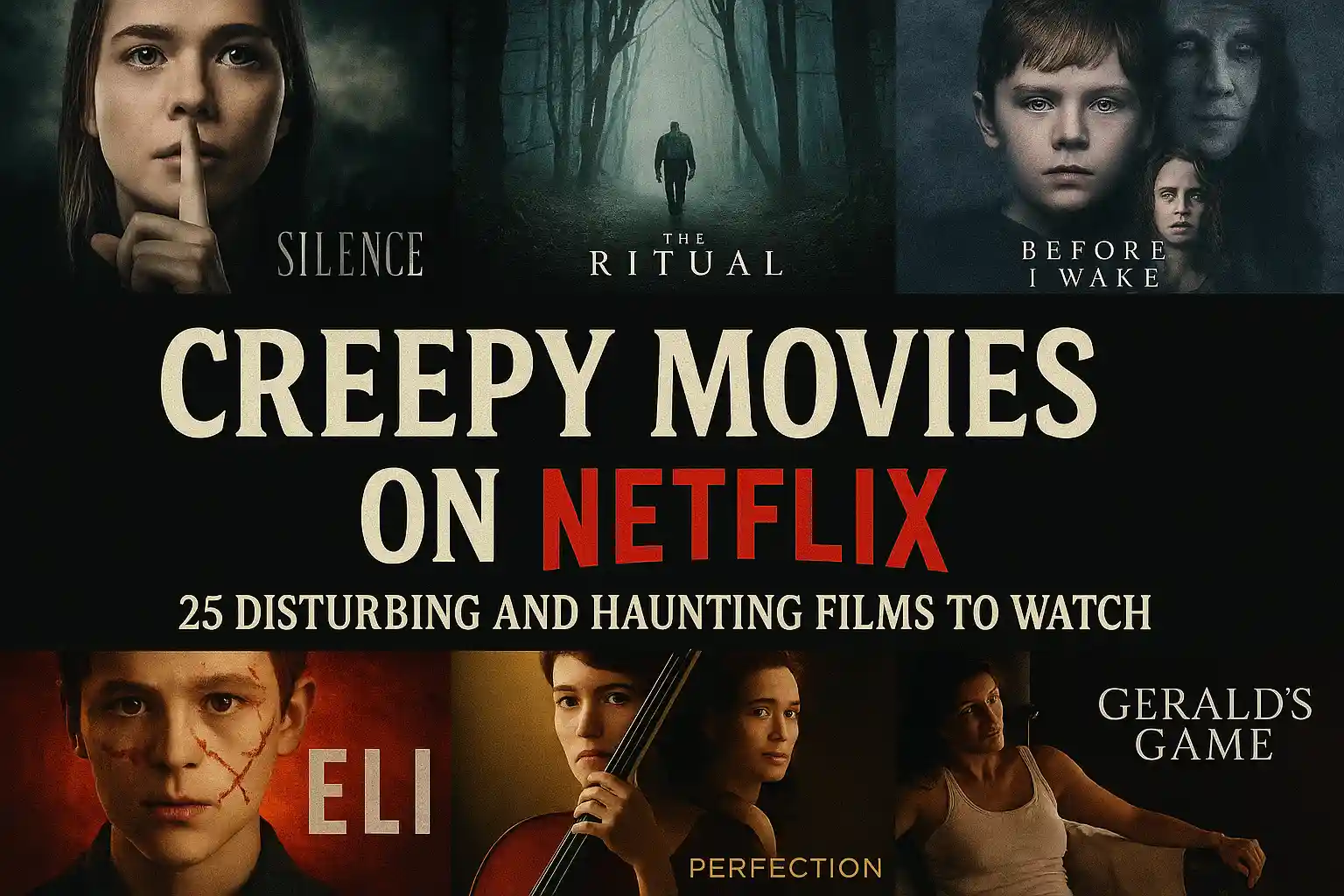 Collage of six creepy Netflix movie posters (The Silence, The Ritual, Before I Wake, Eli, The Perfection, Gerald’s Game) with bold title text "Creepy Movies on Netflix."