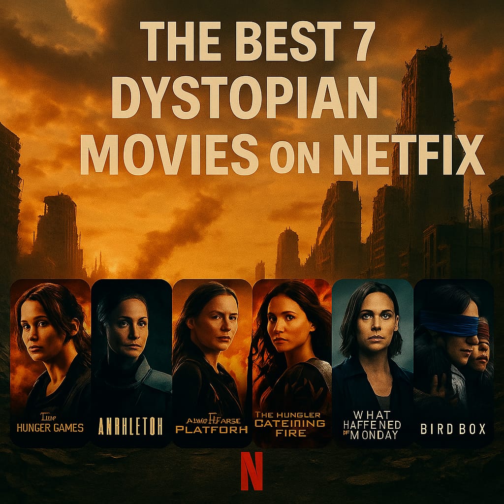 “Netflix promotional graphic highlighting The Best 7 Dystopian Movies on Netflix with posters for The Hunger Games, Annihilation, The Platform, Catching Fire, What Happened to Monday, and Bird Box set against a fiery post-apocalyptic skyline.”