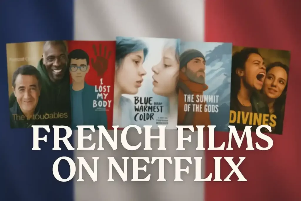 French films on Netflix poster design with slightly blurred French flag background and five film posters.