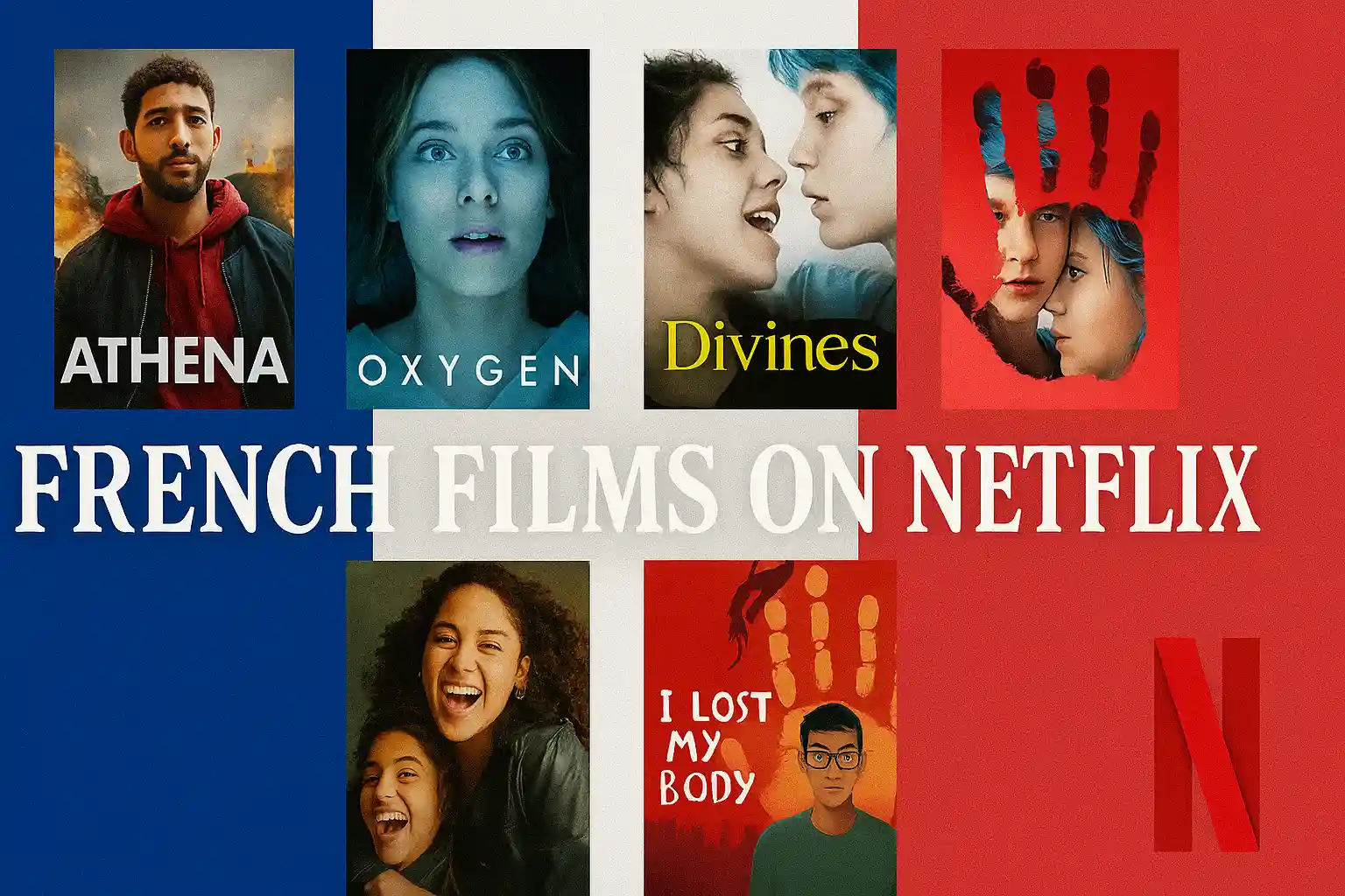 French films on Netflix – A design featuring the French flag and five film posters with Maxmag branding.