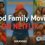 Wide thumbnail for "Good Family Movies on Netflix" featuring blurred posters of The Sea Beast, Paddington, Yes Day, The Mitchells vs. The Machines, and The Croods, with bold text in the center and Maxmag logo at the bottom.