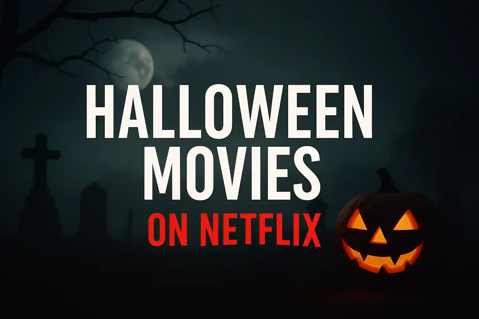 Halloween Movies on Netflix thumbnail with glowing jack-o'-lantern, foggy graveyard, full moon, and bold white-red text.
