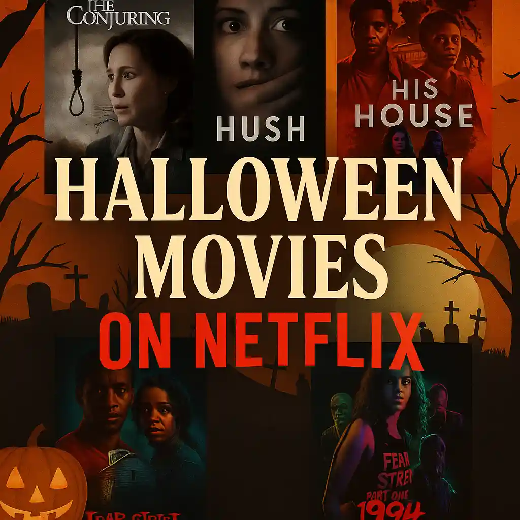 Thumbnail design for Halloween Movies on Netflix featuring posters of The Conjuring, Hush, His House, and Fear Street 1994 with a spooky graveyard and pumpkin background