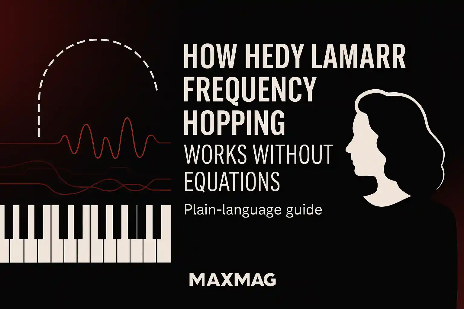“Thumbnail titled ‘How Hedy Lamarr frequency hopping works without equations’ — black background with red waveform and dashed hop arc, piano-key motif, minimalist silhouette of Hedy Lamarr, and MAXMAG logo centered at the bottom.”