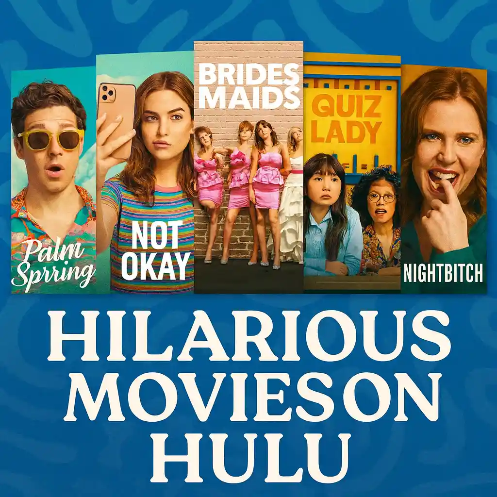 Square thumbnail with five Hulu comedy movie posters (Palm Springs, Not Okay, Bridesmaids, Quiz Lady, Nightbitch) arranged in a row on a bright blue background. Large white text at the bottom reads "HILARIOUS MOVIES ON HULU".