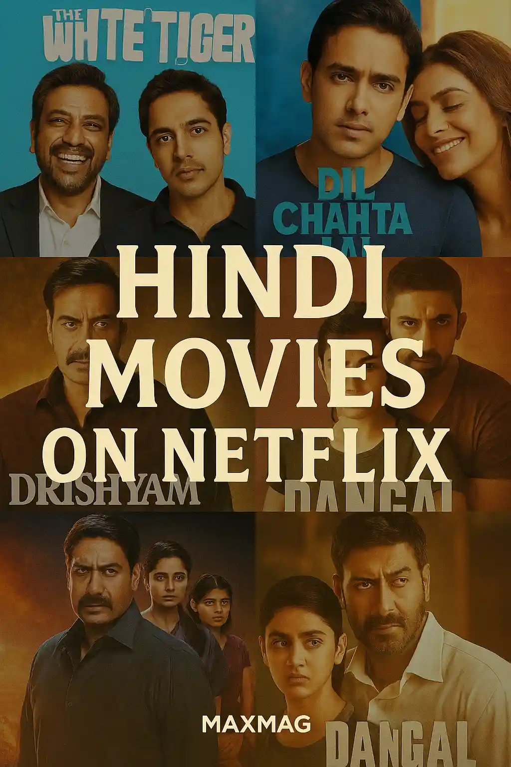 "Promotional thumbnail featuring five Hindi movie posters from Netflix, with centered title 'Hindi Movies on Netflix' and Maxmag logo at the bottom."