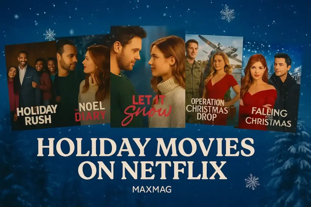 Holiday Movies on Netflix collage: posters of Holiday Rush, The Noel Diary, Let It Snow, Operation Christmas Drop, and Falling for Christmas on a snowy blue background with pine trees and snowflakes. Bold white title “HOLIDAY MOVIES ON NETFLIX” centered, Maxmag logo below.