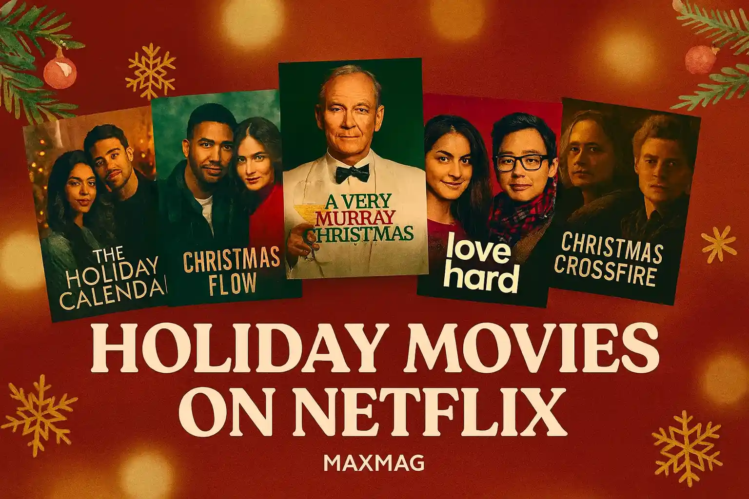 Holiday Movies on Netflix visual: posters of The Holiday Calendar, Christmas Flow, A Very Murray Christmas, Love Hard, and Christmas Crossfire on a festive red background with snowflakes and pine accents, bold white title centered, Maxmag logo below.