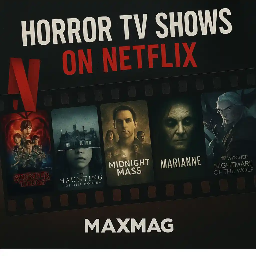 A dark, textured thumbnail collage promoting “Horror TV Shows on Netflix,” featuring five chilling series posters arranged in a filmstrip-style layout with bold white and red title text and the Netflix logo.