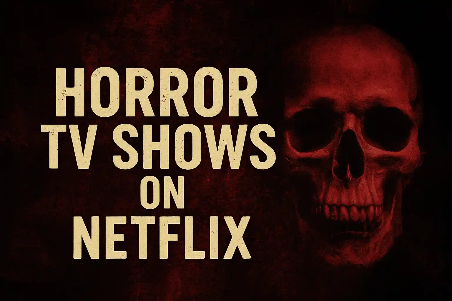 A minimalist horror-themed thumbnail with a dark red and black textured background, bold off-white text reading “Horror TV Shows on Netflix,” and a shadowy red skull looming on the right side.