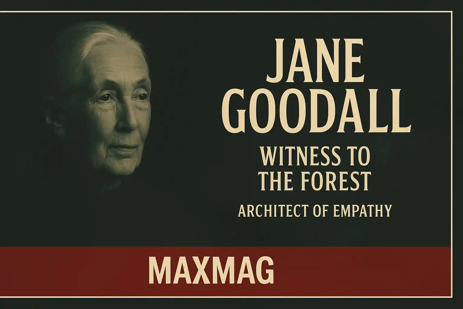 Editorial–noir Maxmag thumbnail of Jane Goodall in side profile, duotone forest-green and charcoal palette, stacked title “Jane Goodall — Witness to the Forest / Architect of Empathy,” thin cream frame, and a red MAXMAG bar centered at the bottom.