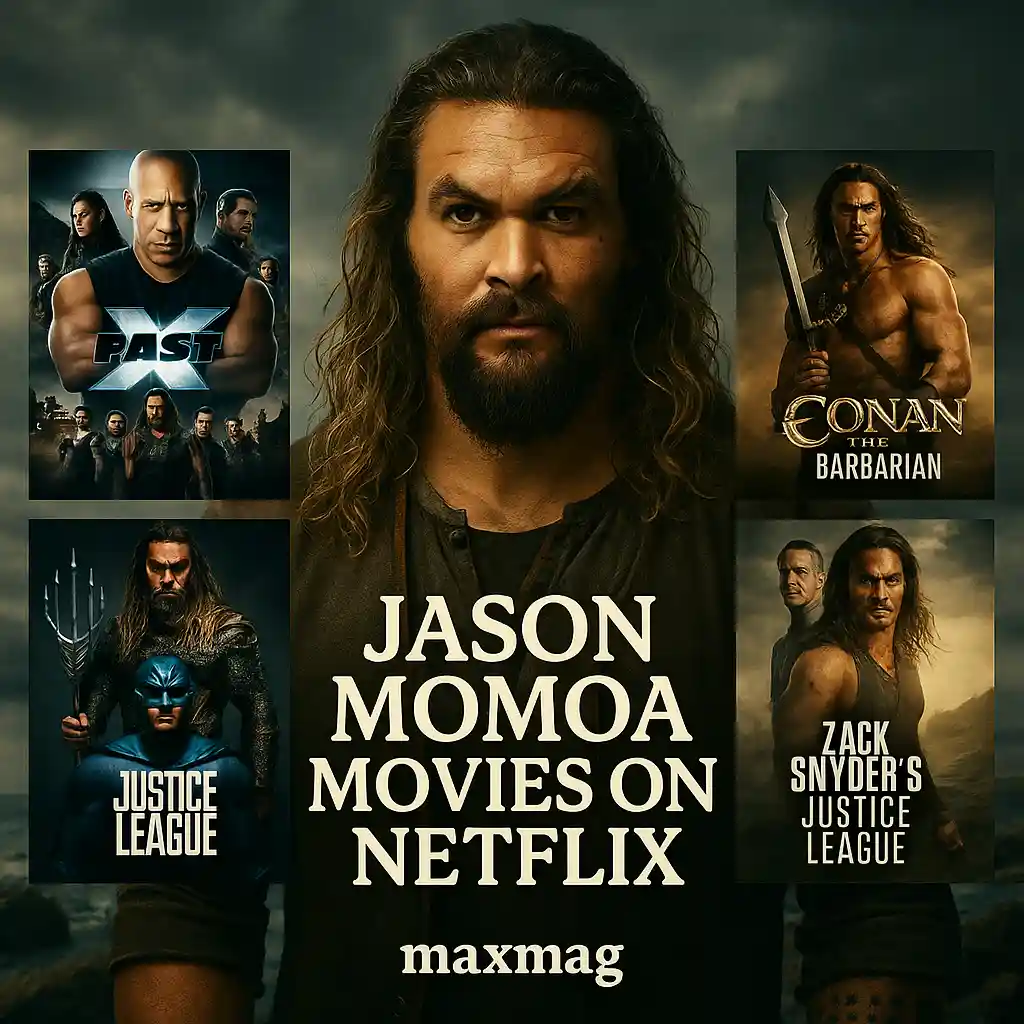 “Jason Momoa portrait centered in a stormy background with Netflix movie posters Fast X, Conan the Barbarian, Justice League, and Zack Snyder’s Justice League.”