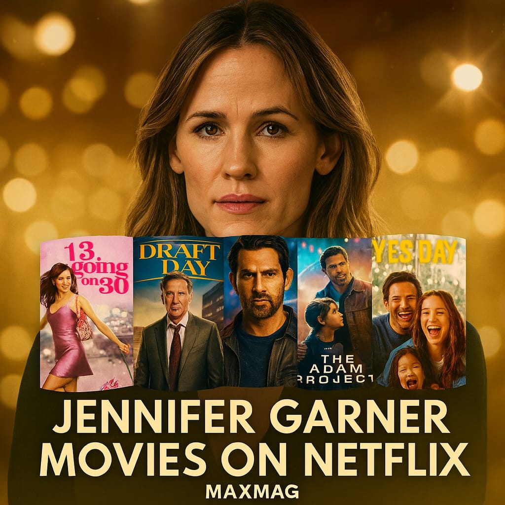 Cinematic thumbnail of Jennifer Garner with posters from her Netflix films 13 Going on 30, Draft Day, The Adam Project, Yes Day, and Miracles from Heaven — highlighting her award-winning career from Golden Globe for Alias to acclaimed dramas and family movies.